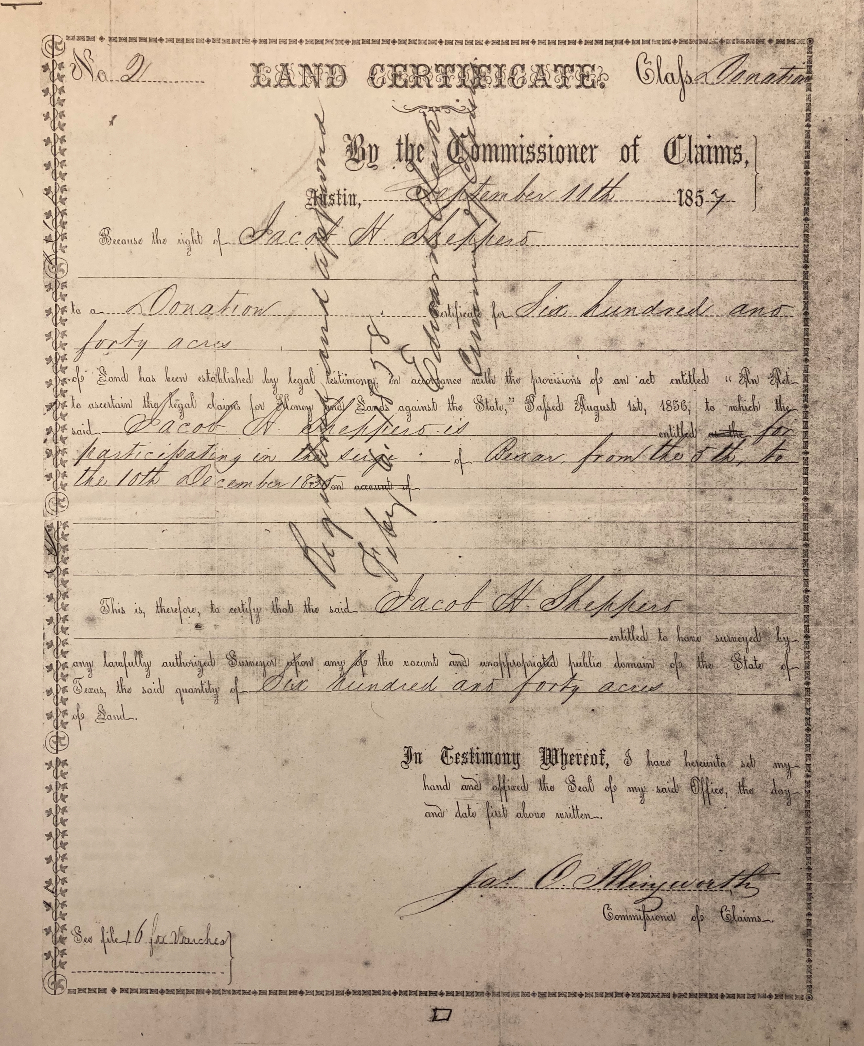 Jacob H. Shepperd's 640 Acre Donation Grant for military service in the Siege of Bexar